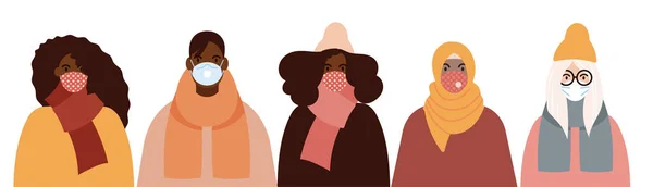 Ομάδα Γυναικών Ποικίλης Φυλής Υφαίνουν Μάσκες Προσώπου Για Πανδημική Προστασία — Διανυσματικό Αρχείο