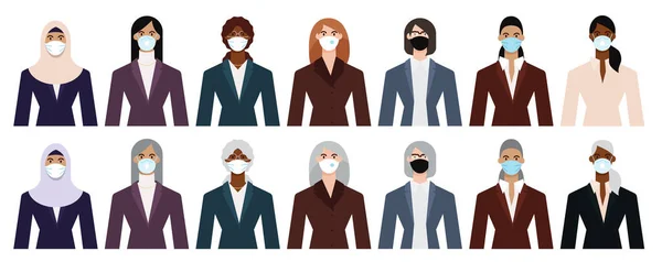 Set Diverse Icone Donna Affari Che Indossano Maschera Facciale Proteggersi — Vettoriale Stock