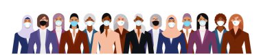 Salgından korunmak için yüz maskesi takan bir sürü iş kadını. Düz tasarım vektör çizimi.