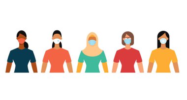 Salgın sırasında çeşitli kadın grupları koruyucu yüz maskeleri takıyor. Sosyal mesafe, karantina konsepti. Düz tasarım vektör çizimi.