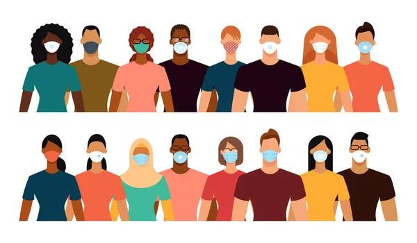 Diverse Persone Affollano Maschere Protettive Durante Epidemia Distanza Sociale Concetto — Vettoriale Stock