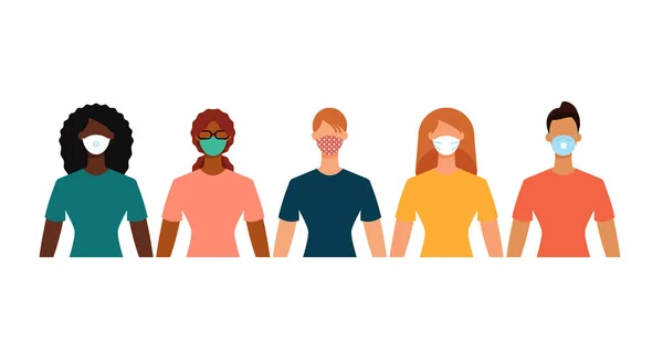 Diverse Donne Raggruppano Maschere Protettive Durante Epidemia Distanza Sociale Concetto — Vettoriale Stock