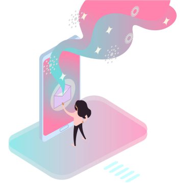 Kadın dokunmatik ekrandaki akıllı telefondan yeni e-posta mesajını açıyor. İzometrik illüstrasyon izole edildi.