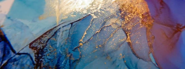Złota Folia Farba Niebieskim Marmurowym Atramencie Tekstury Streszczenie Sztuki Brokat — Zdjęcie stockowe