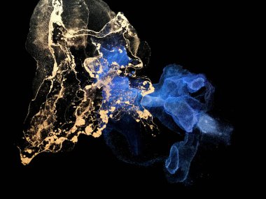 Siyah arka planda altın ve mavi boya sıvısı. Nebula galaksisi soyut resim parlıyor. Taş dokusu.