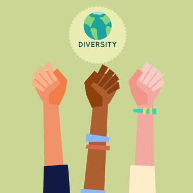 Illustration of a peoples hands with different skin color together. Race equality, diversity, tolerance illustration. Flat design style. clipart