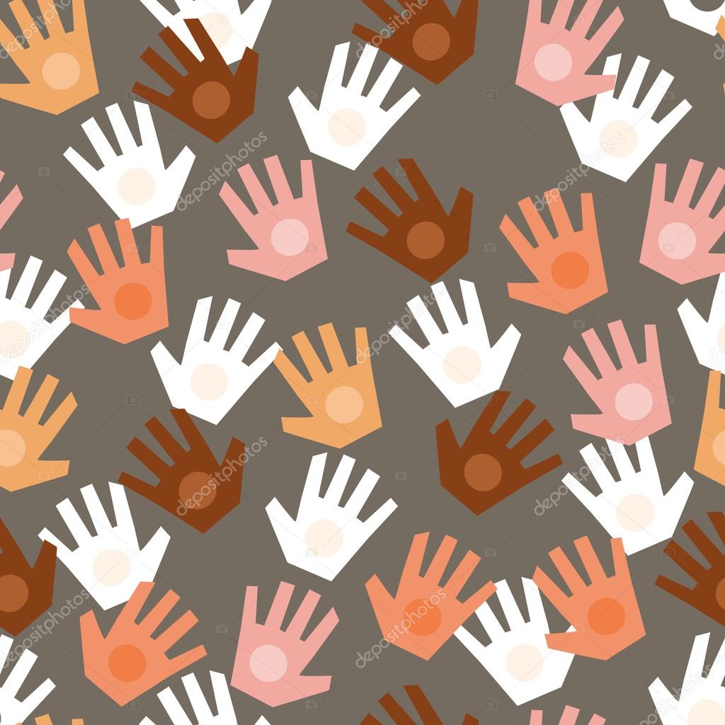 Colorful vector pattern with illustration of a peoples hands with different skin color together. Race equality, diversity, tolerance illustration. Flat design style. Can be used for backgrounds or