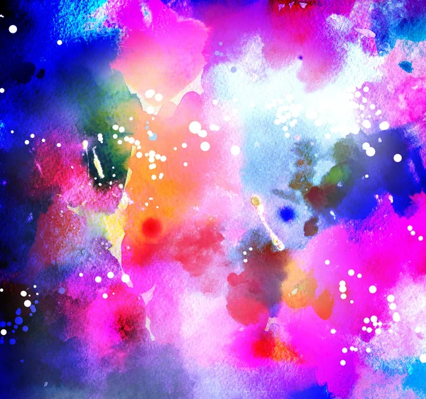 Watercolor cosmic background in neon colors with wet brush strokes and light splashes and stains. Galaxy and stars. Hand made illustration texture. Art design for print, card, template, wallpaper. — Stock Photo, Image