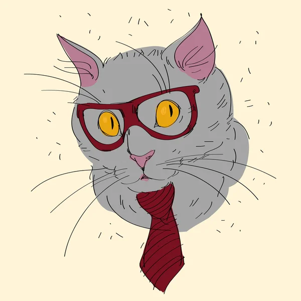Modeporträt einer Hipster-Katze mit großer Nerd-Brille und gestreifter Krawatte — Stockvektor