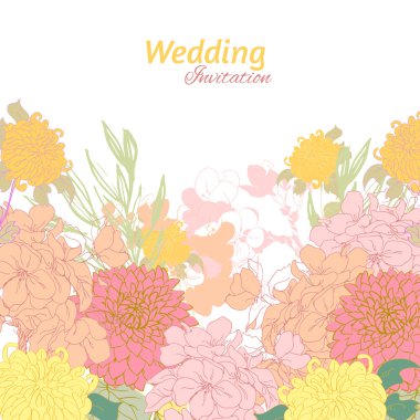 Dahlia, kiraz, kayısı ve Kasımpatı çiçekli buket. Beyaz üzerine vektör çizim çiçek, tasarım olarak davetiye için kullanılabilir.