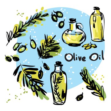 Canlı sanatsal zeytin dalı ve yağ şişeleri illüstrasyon ayarla.