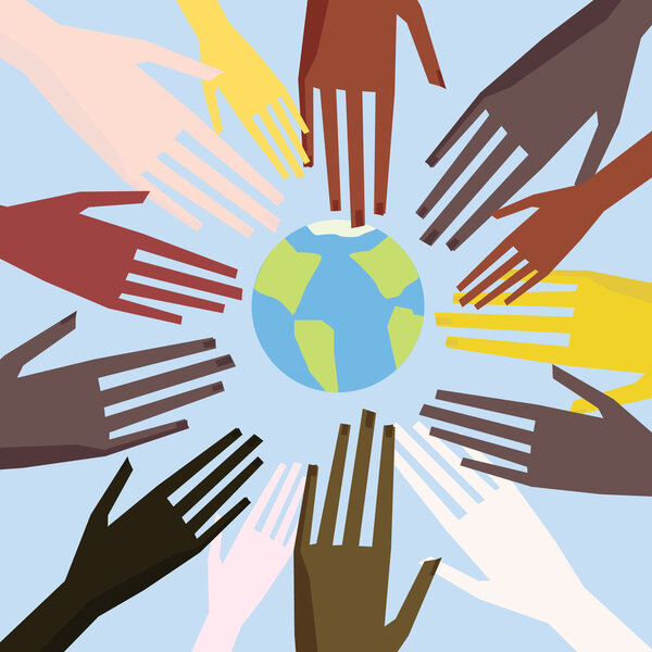 Иллюстрация рук людей с разным цветом кожи вместе. Равенство рас, иллюстрация толерантности
.