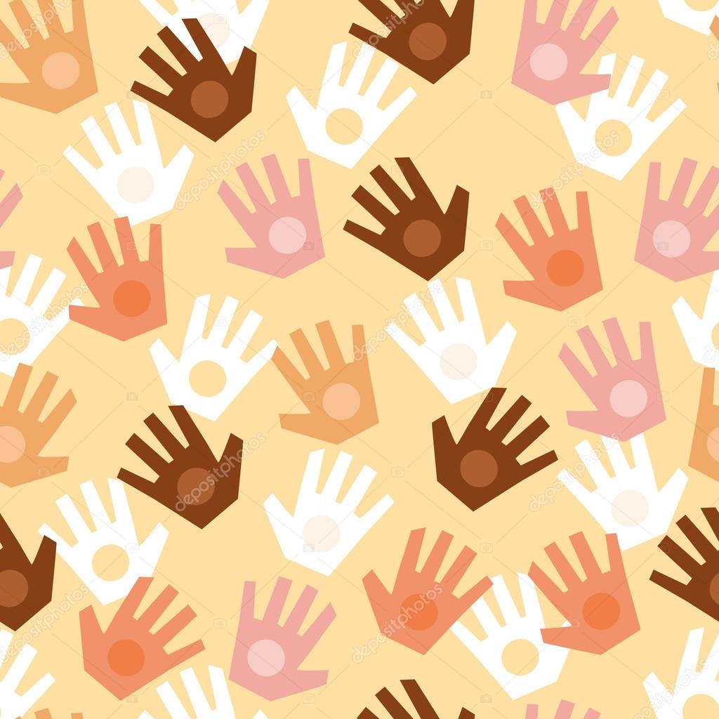 Colorful vector pattern illustration of a peoples hands with different skin color together. Race equality, diversity, tolerance. Flat style. Can be used for backgrounds or prints.