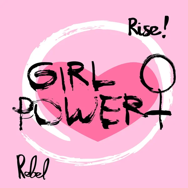 Simbol feminisme kekuatan perempuan ditulis dengan tinta di latar belakang merah muda. Konsep gambar kaos . - Stok Vektor
