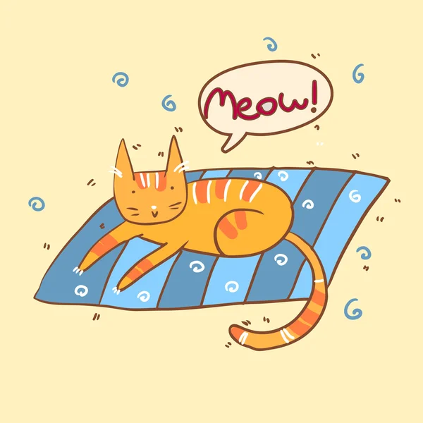 Feliz adoptado gato en un almohada diciendo maullido vector ilustración — Archivo Imágenes Vectoriales