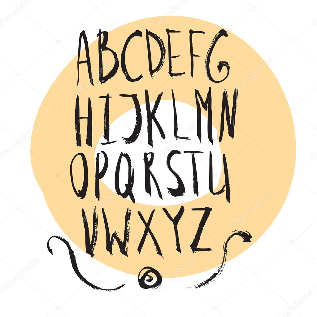 Handwritten alphabet written in free style with brush pen. Capital letters in artistic style.