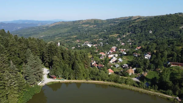 Panorama Avec Lac Collines Forêt Village Rosia Montana Village — Photo