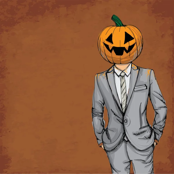 Homme à tête de citrouille en costume — Image vectorielle