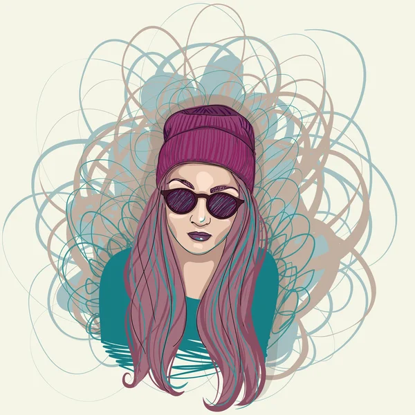 Ragazza hipster disegnata a mano con cappello e occhiali da sole — Vettoriale Stock