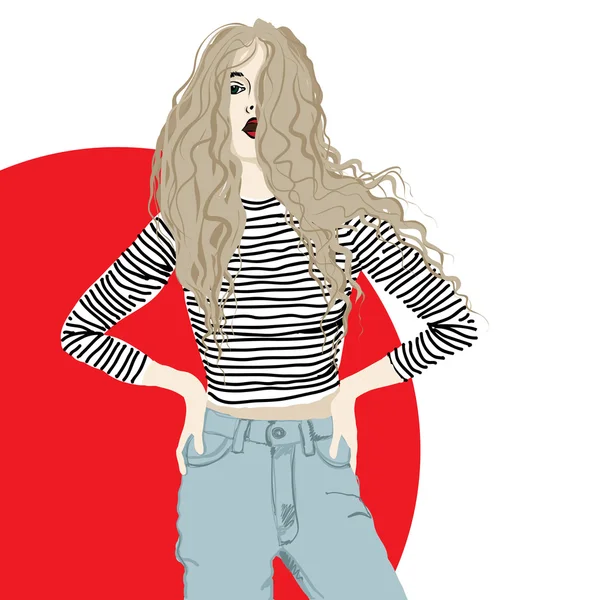 Fashion illustration girl hand drawing blonde in a striped sweater — Stock vektor