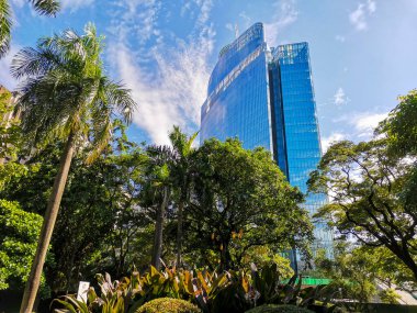 Makati, Metro Manila, Filipinler - Ekim 2020: Bereketli bir parkın üzerinde yeni camdan bir gökdelen beliriyor.