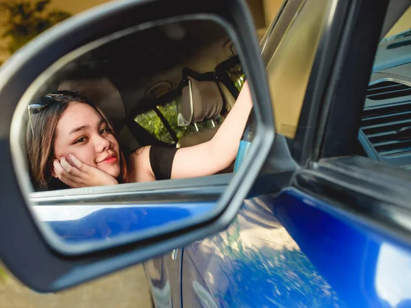 Pretty Asian Woman Admires Herself Side Mirror Her Blue Car — Stock Photo, Image