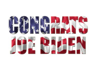 Amerika Birleşik Devletleri 'nin seçilmiş başkanı Joe Biden' ı tebrik ediyoruz. Beyaz arkaplan karşısında bayrak desenli metin.