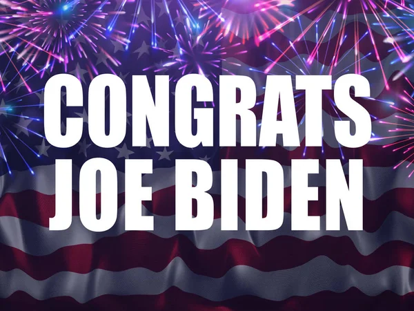 Amerika Birleşik Devletleri 'nin seçilmiş başkanı Joe Biden' ı tebrik ediyoruz. Kutlama havai fişek konseptiyle bayrak arkaplanı.