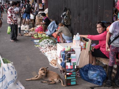 Tondo, Manila, Filipinler - 2020 Kasım: Orta yaşlı bir kadın içki ve sigara satıyor. Ona evcil köpeği tarafından eşlik edilir. Recto Caddesi 'ndeki kaldırım satıcılarından biri.