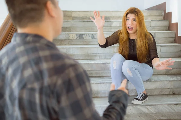 Asian Woman Argues Her Husband While Sitting Stairs Marital Problem — Stock Photo, Image