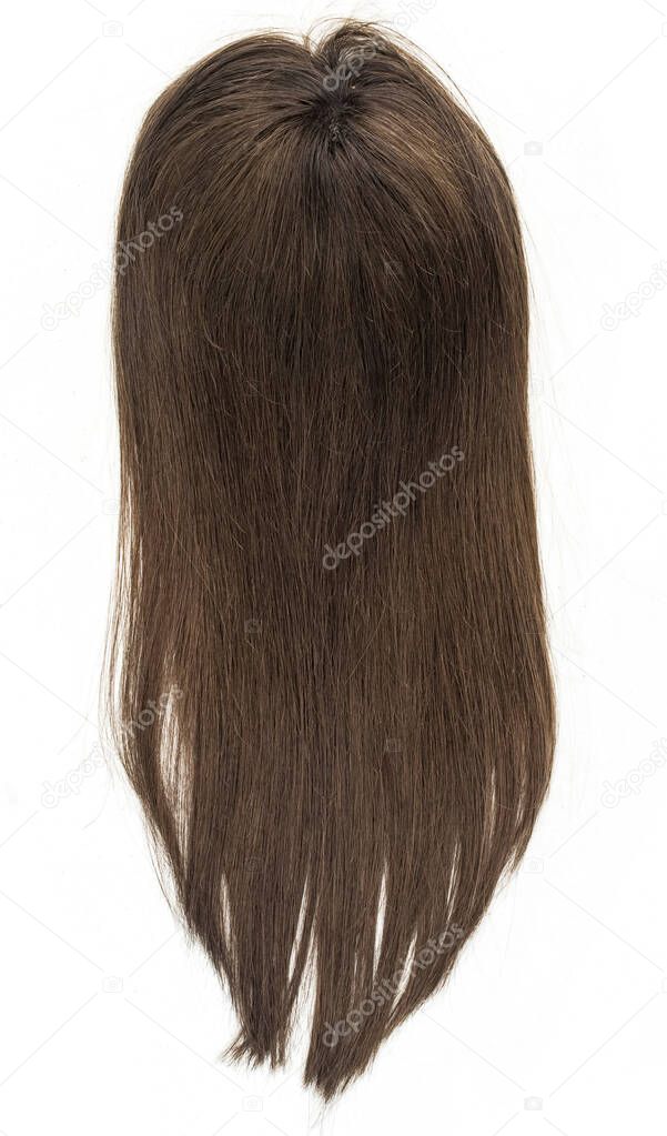 A long straight brunette wig, toupee or hair topper against a plain white backdrop.