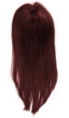 A long straight burgundy colored wig, toupee or hair topper against a plain white backdrop. clipart