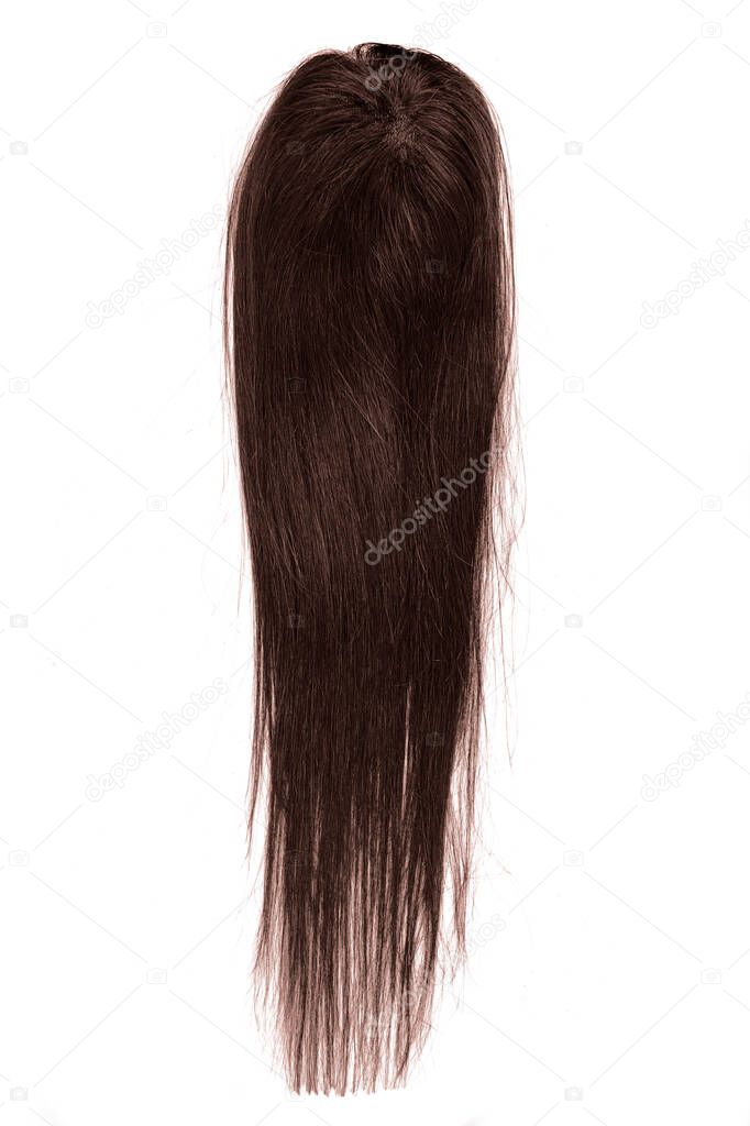 A Chocolate brown long straight wig or hair topper set against a white background.