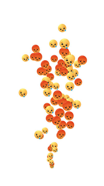A steady upward stream of sad and angry reacts and emojis. Social media concept reacting to a negative viral post. Graphic effect. White background.