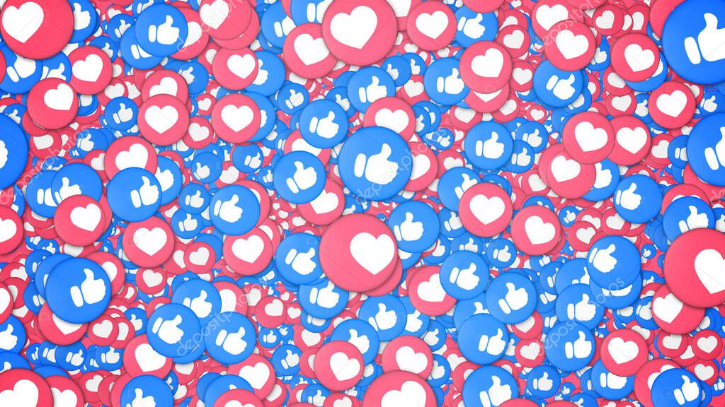 Background of many love and like reaction emojis. Social media and communications concept wallpaper or backdrop.