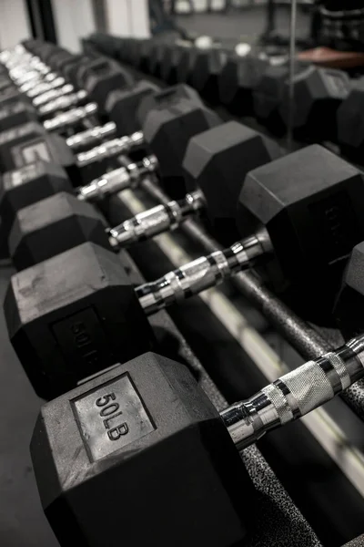 Rack Hexagonal Dumbbells Gym Fitness Club Workout Training Concept — Stock Photo, Image