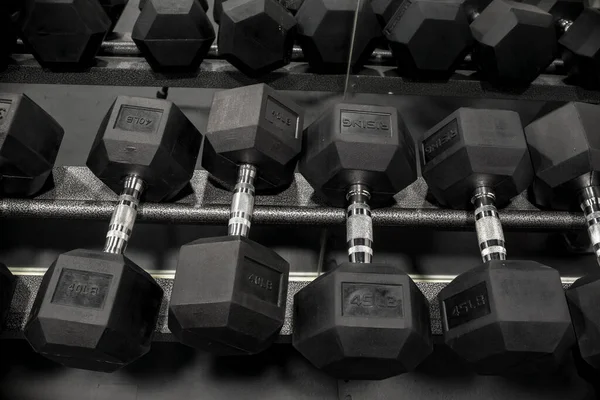 Rack Hexagonal Dumbbells Gym Fitness Club Workout Training Concept — Stock Photo, Image