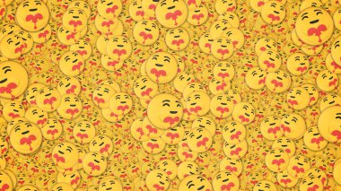 Birçok özen reaksiyonlu emojinin geçmişi. Sosyal medya ve iletişim konsepti duvar kağıdı veya arkaplan.