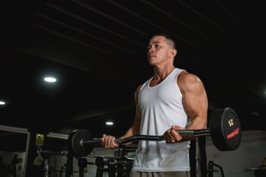 Beyaz kolsuz tişörtlü genç ve kaslı bir Asyalı spor salonunda halter kıvırıyor. Sağlıklı bir yaşam tarzı olan 40 yaşında aktif bir kız..