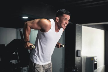 Atletik bir Asyalı erkek sos istasyonunda triseps dalışı yapıyor. Spor salonunda kol ve kol çalışıyor..