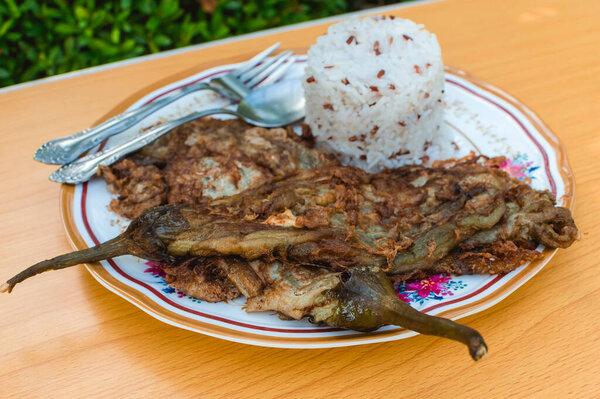 Tortang talong, also known as eggplant omelete, is a Filipino dish. Served with a cup of rice.