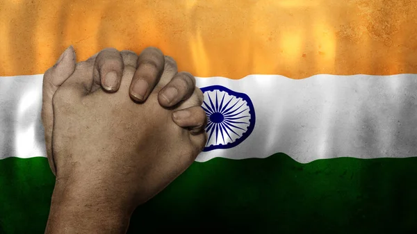 A hand praying with Flag of India as background. Grunge, depressing look. Can represent adversity, crisis, Christian or Catholic prayer, forgiveness, worship or plea in country. 3d illustration