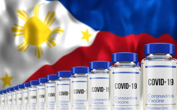Filas Múltiples Ampollas Vacuna Covid Con Bandera Filipinas Fondo Concepto —  Fotos de Stock
