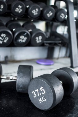 Bir spor salonunun yatağında duran ağır siyah halterler ve arka planda bir halter askısı..
