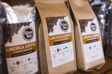 Amadeo, Cavite, Philippines - Jan 2021: Liberica Coffee, also known as Kapeng Barako locally grown in the town for sale at a local coffee shop.