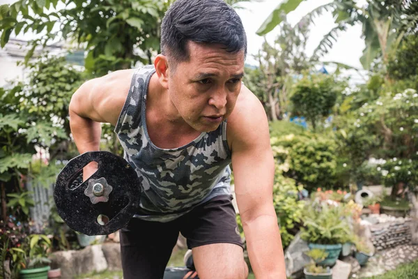 Youthful Vigorous Asian Man His 50S Exercises Outdoors His Home — Foto de Stock