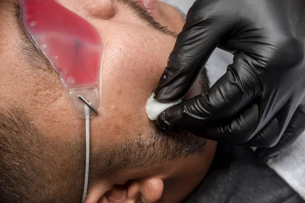 Barber Applies Gel Cotton Bud Asian Guy Face Prior Shaving — Stock Photo, Image