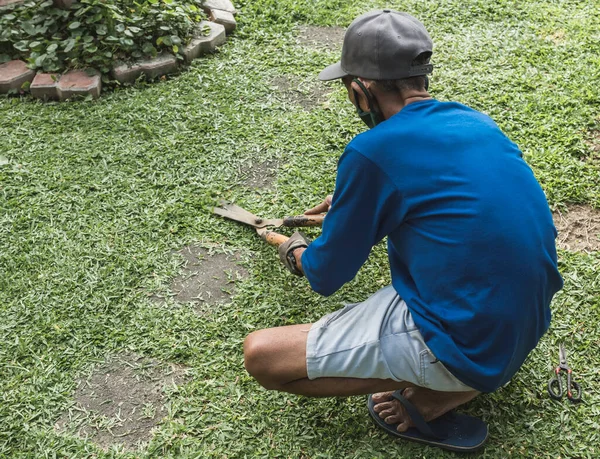 Vieil Homme Asiatique Coupe Herbe Dans Jardin Avec Une Paire — Photo