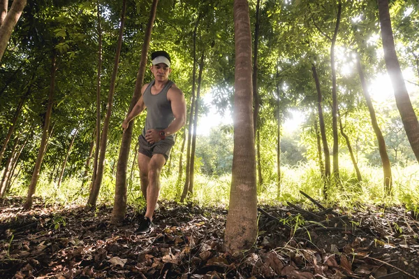 Handsome Asian Man Top Tank Hikes Explores Forest Trail Run — Stock Photo, Image