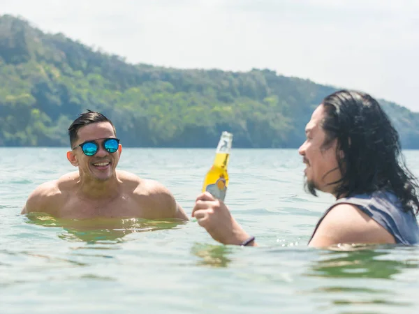 Two Friends Cool Have Great Time Chest Deep Waters Beach — Stock Photo, Image